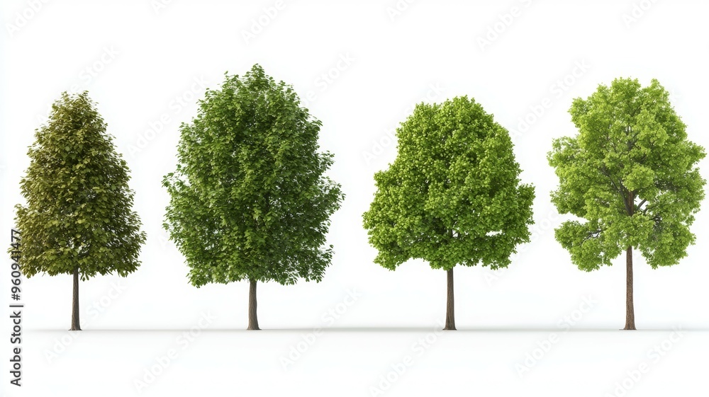 Four trees of different sizes and shapes are shown in a row Four trees of different sizes and shapes are shown in a row