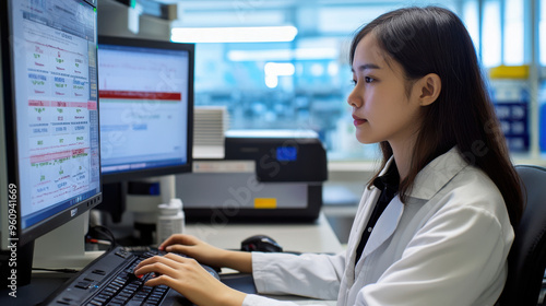 Technician analyzing hemoglobin electrophoresis results on a computer for