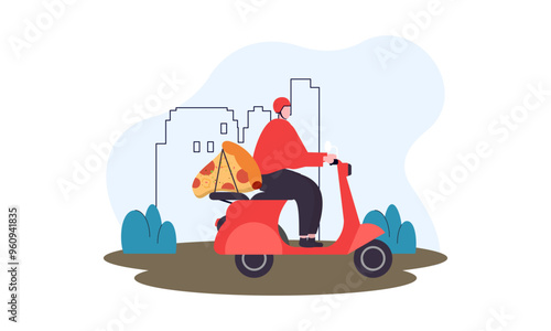Cartoon pizza courier carries pizza on scooter. Pizzeria concept