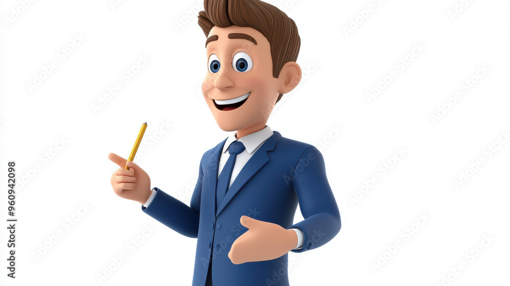 3D cartoon businessman giving a presentation with a pointer, white background 3D cartoon businessman giving a presentation with a pointer, white background
