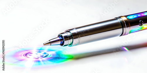 Sleek Holographic Pen with Labh Pancham Symbol - Glowing Mid Air Design on White Background with Copy Space for Text - Side Angle Capture for Stunning Visuals