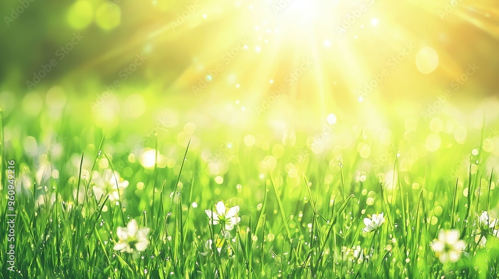 Fototapeta premium Sunny Meadow with Green Grass and White Flowers