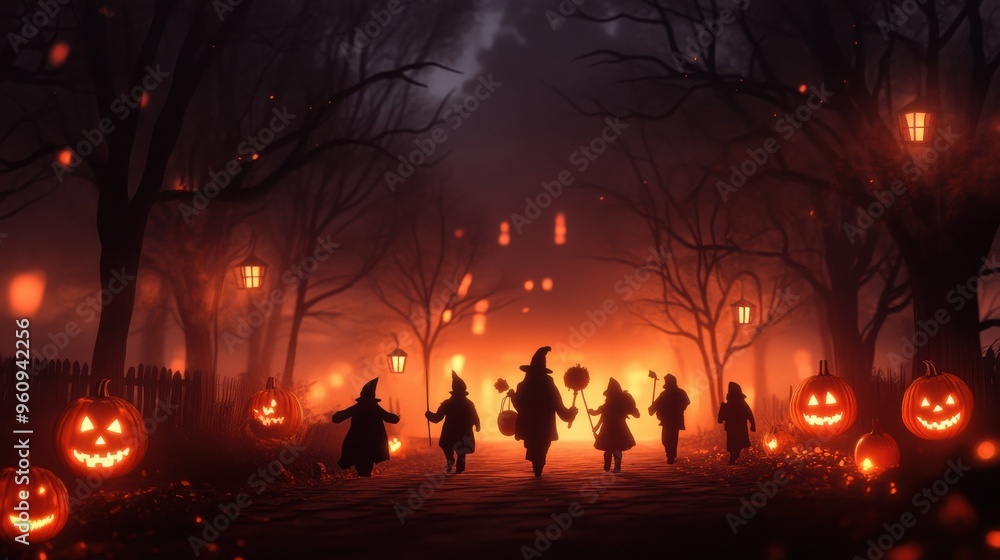 Naklejka premium A haunting Halloween night with glowing pumpkins and silhouetted figures walking through a mystical forest.