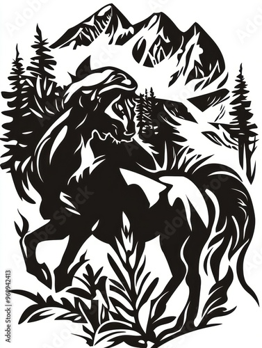 Wallpaper Mural A black and white silhouette of a horse standing in a field with a mountain range in the background. Torontodigital.ca