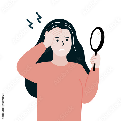 Woman holding mirror and worrying about grey hair on head. Early aging, maturity, beauty, hair care, treatment, lifestyle concept. Flat character vector design illustration.