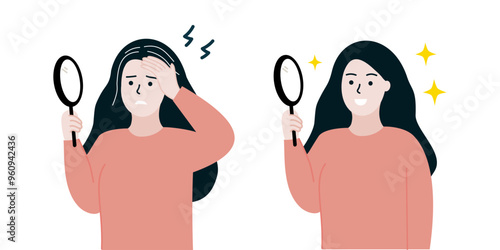 Set of woman holding mirror before and after dyeing hair. Girl worrying about grey hairs. Early aging, maturity, beauty, hairstyle, lifestyle concept. Flat people character vector illustration.