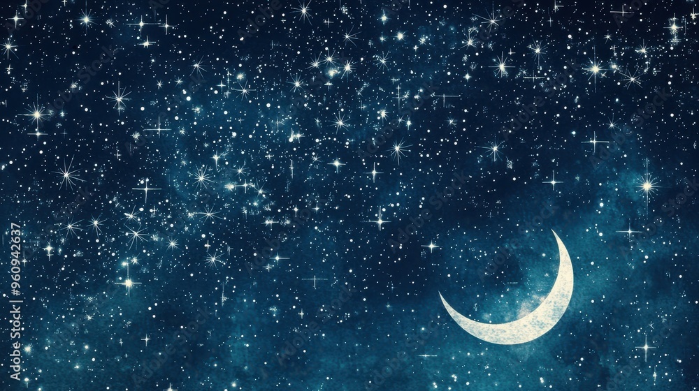 Naklejka premium Night Sky with Crescent Moon and Stars