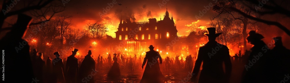 A haunting scene of silhouetted figures against a blazing fiery backdrop, evoking mystery and intrigue around an old mansion. A haunting scene of silhouetted figures against a blazing fiery backdrop, evoking mystery and intrigue around an old mansion.