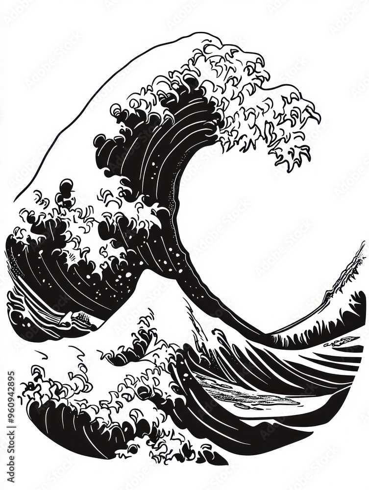 Black and white illustration of a large wave crashing, similar to the ...