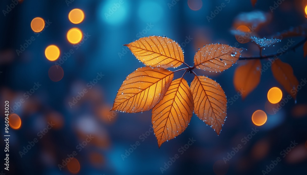 Dew-Covered Autumn Leaves Against a Blurred Blue Background Dew-Covered Autumn Leaves Against a Blurred Blue Background