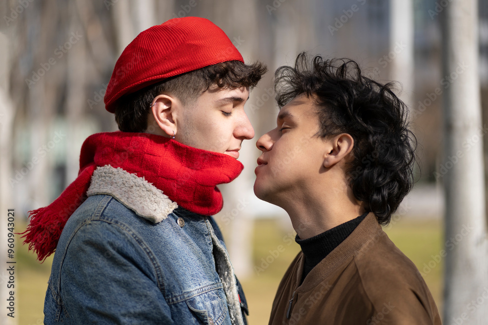 Fototapeta premium Young gay couple about to kiss in a park