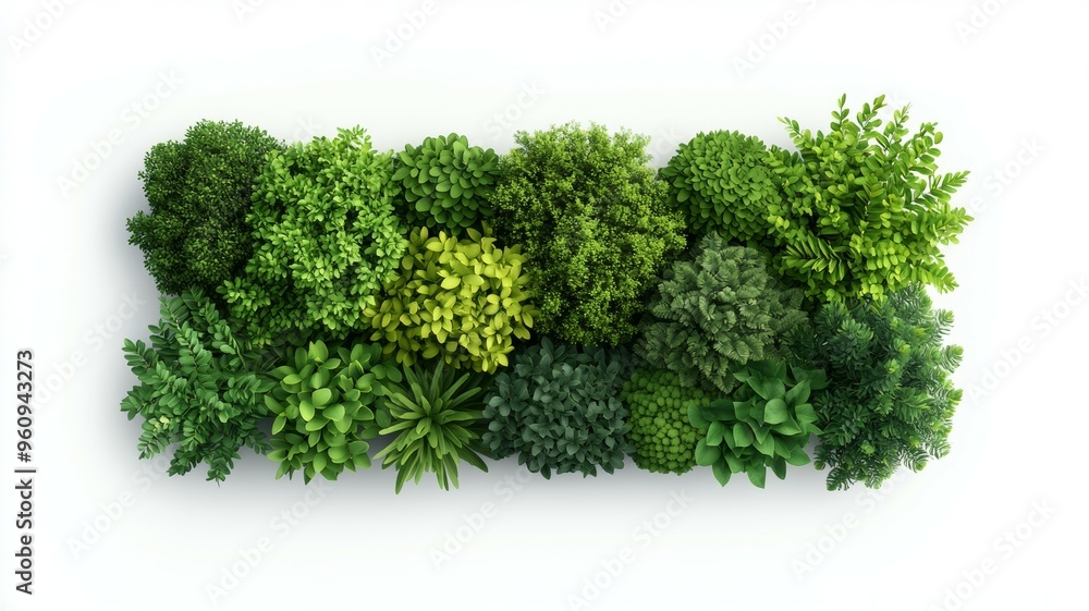 A row of green plants with a variety of sizes and shapes A row of green plants with a variety of sizes and shapes