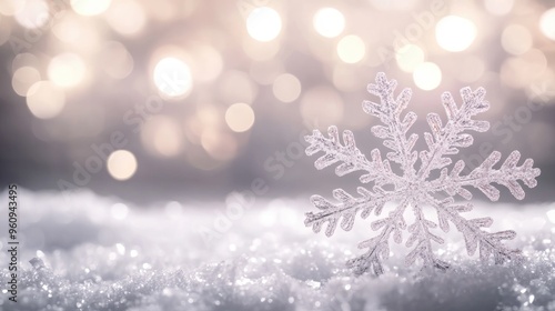 Sparkling Snowflake on Snowy Background with Bokeh Lights