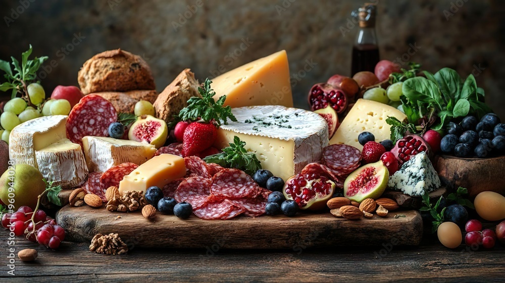 Picture of artisanal charcuterie platter arranged on a wooden surface Picture of artisanal charcuterie platter arranged on a wooden surface