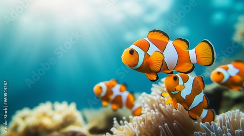 Fototapeta Naklejka Na Ścianę i Meble -  Close-up of several clownfish swimming around a colorful coral reef underwater, displaying vivid orange and white patterns in clear water.