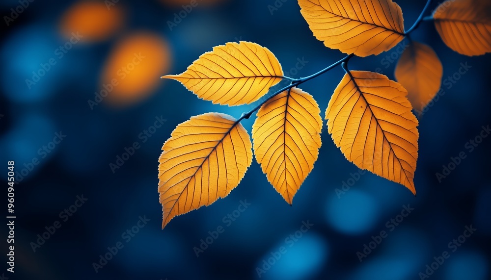 Golden Autumn Leaves on a Branch Against a Blue Background Golden Autumn Leaves on a Branch Against a Blue Background