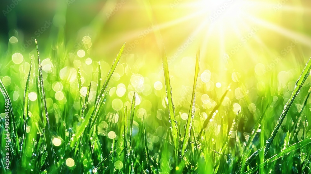Dewy Green Grass Blades with Sun Rays and Bokeh Background Dewy Green Grass Blades with Sun Rays and Bokeh Background