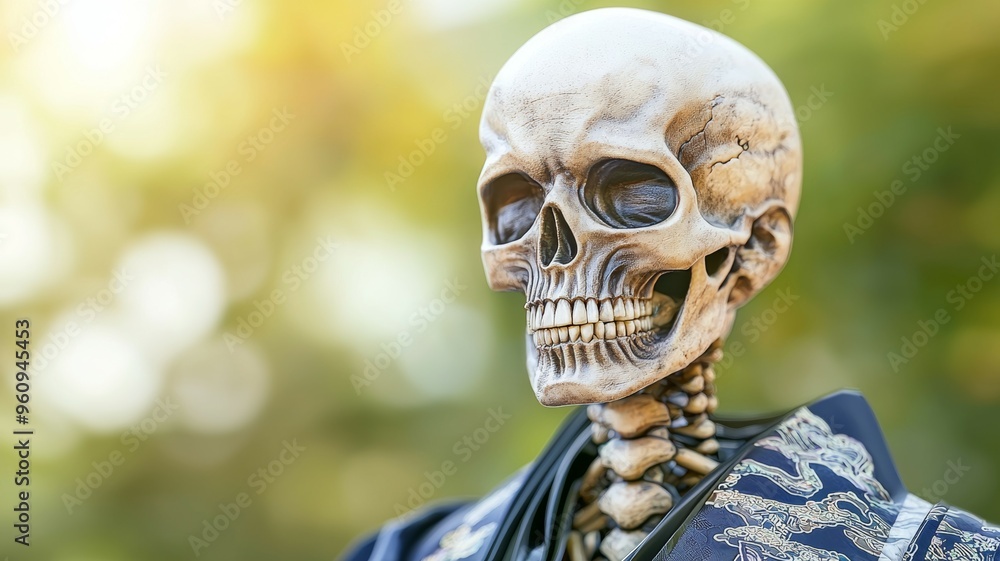 A skeleton is wearing a blue robe and smiling A skeleton is wearing a blue robe and smiling