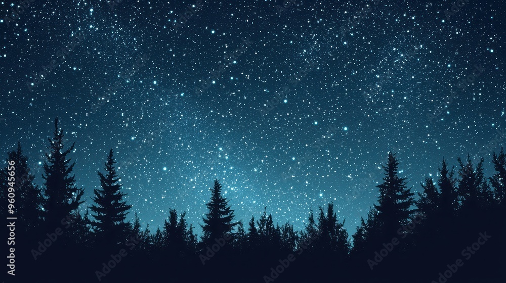Naklejka premium Night Sky with Stars over Silhouetted Forest