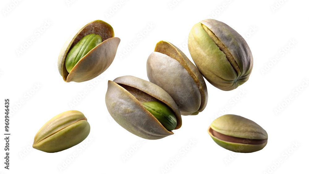 Falling pistachio nuts isolated on a white background. Falling pistachio nuts isolated on a white background.
