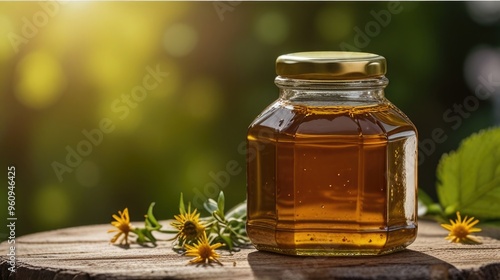 Organic honey in a glass jar on a wooden table with nature background