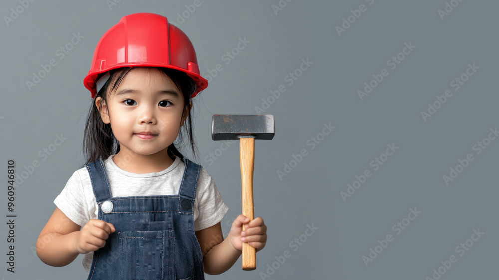 Indonesian little girl wearing helmet hard hat and overalls holding hammer Indonesian little girl wearing helmet hard hat and overalls holding hammer
