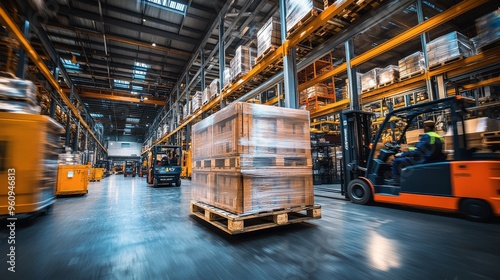 Industrial logistics scene with a pallet carrying oversized, heavy machinery components, surrounded by forklift trucks and warehouse workers in motion