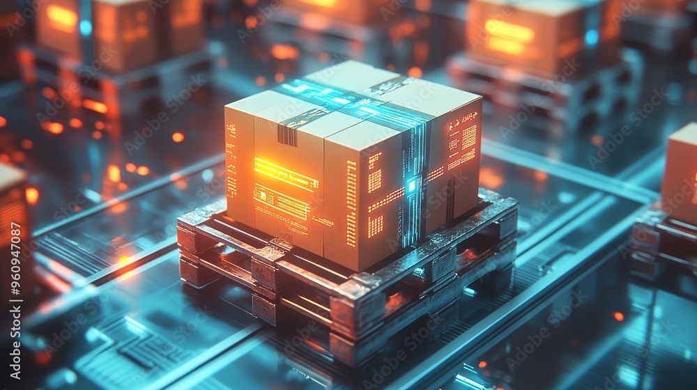 Industrial pallet with stacked boxes, packaging labels in focus, augmented reality display of shipping data, bright LED lights, isometric view Industrial pallet with stacked boxes, packaging labels in focus, augmented reality display of shipping data, bright LED lights, isometric view