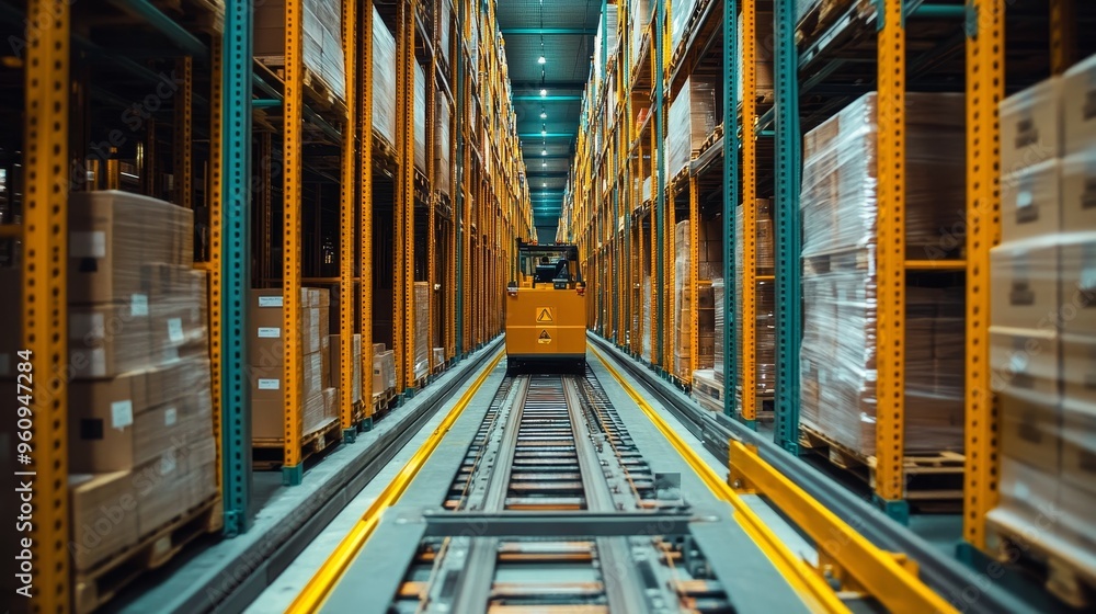 Industrial scene of neatly arranged pallets, reflecting a high-tech distribution center's role in global logistics, with clear paths for machinery Industrial scene of neatly arranged pallets, reflecting a high-tech distribution center's role in global logistics, with clear paths for machinery