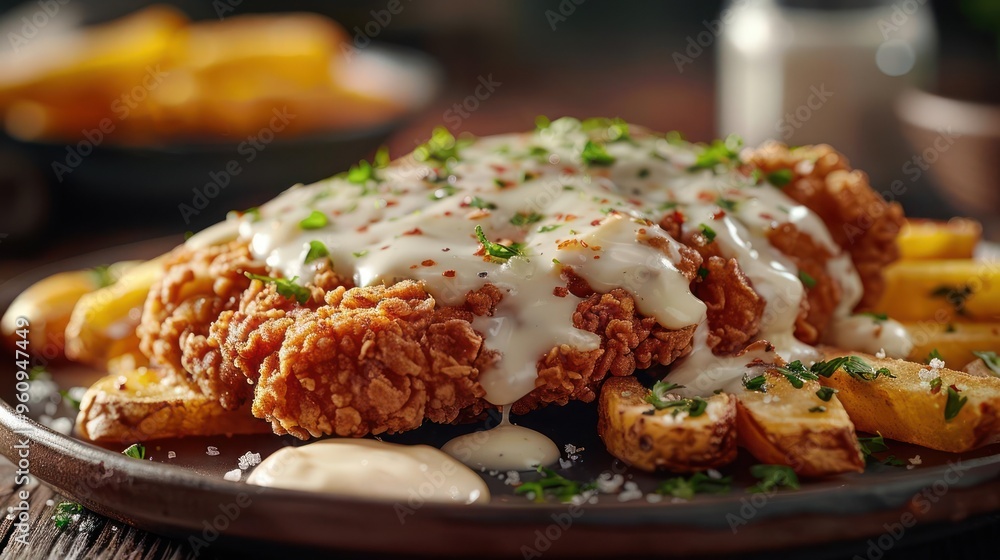 Delicious looking fried chicken with cheesy cream gravy served on a black plate alongside crispy gol Delicious looking fried chicken with cheesy cream gravy served on a black plate alongside crispy gol