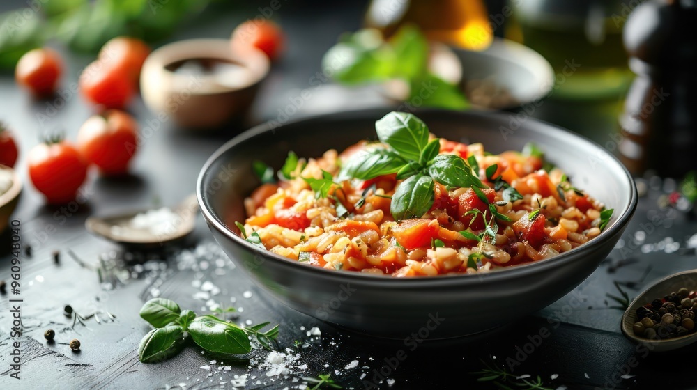 Gourmet bowl salad with fresh tomatoes, herbs and spices. Gourmet bowl salad with fresh tomatoes, herbs and spices.