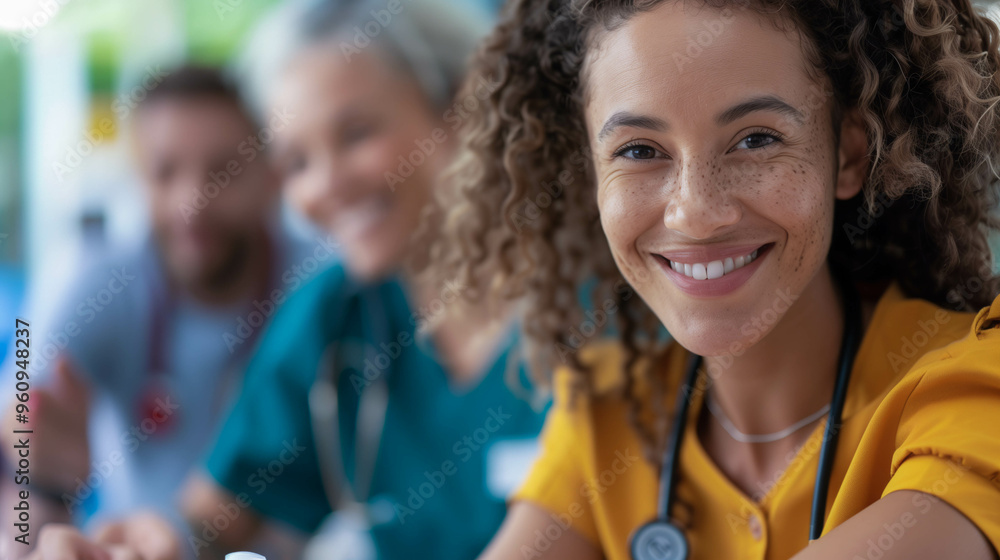 Fototapeta premium Smiling Nurse with Curly Hair at Healthcare Facility