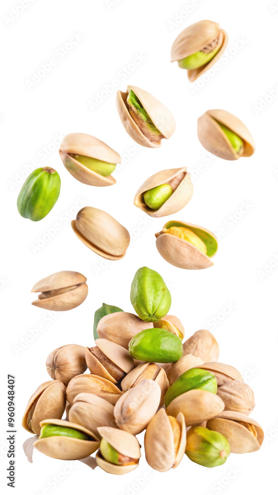Falling pistachio nuts isolated on a white background. Falling pistachio nuts isolated on a white background.