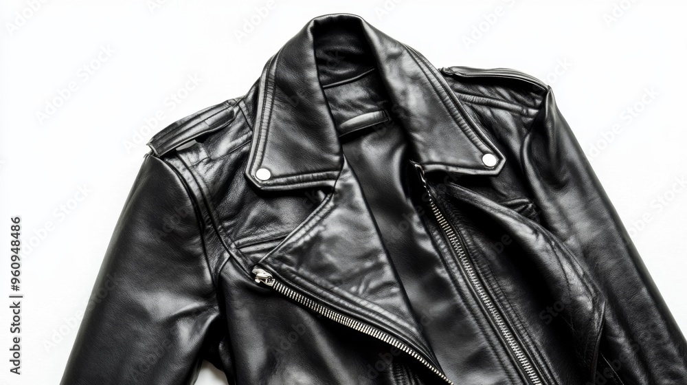 Stylish Leather Biker Jacket with Modern Flair on White Background Stylish Leather Biker Jacket with Modern Flair on White Background