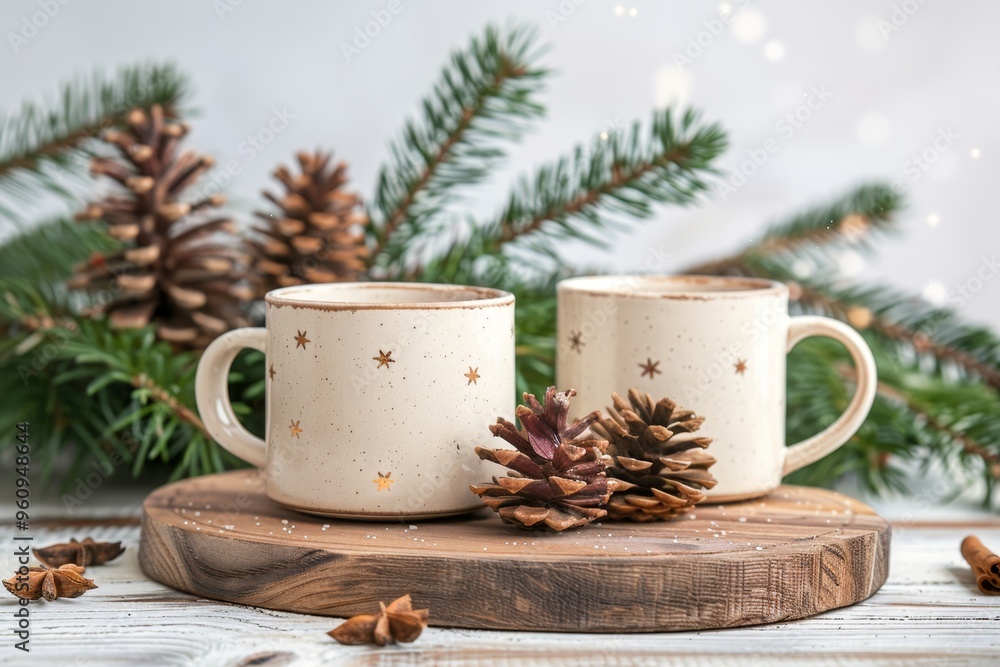 festive mugs of hot chocolate topped with whipped cream, surrounded by cinnamon sticks, candy canes, and decorated gingerbread cookies. A cozy holiday scene with a cup of spiced latte festive mugs of hot chocolate topped with whipped cream, surrounded by cinnamon sticks, candy canes, and decorated gingerbread cookies. A cozy holiday scene with a cup of spiced latte