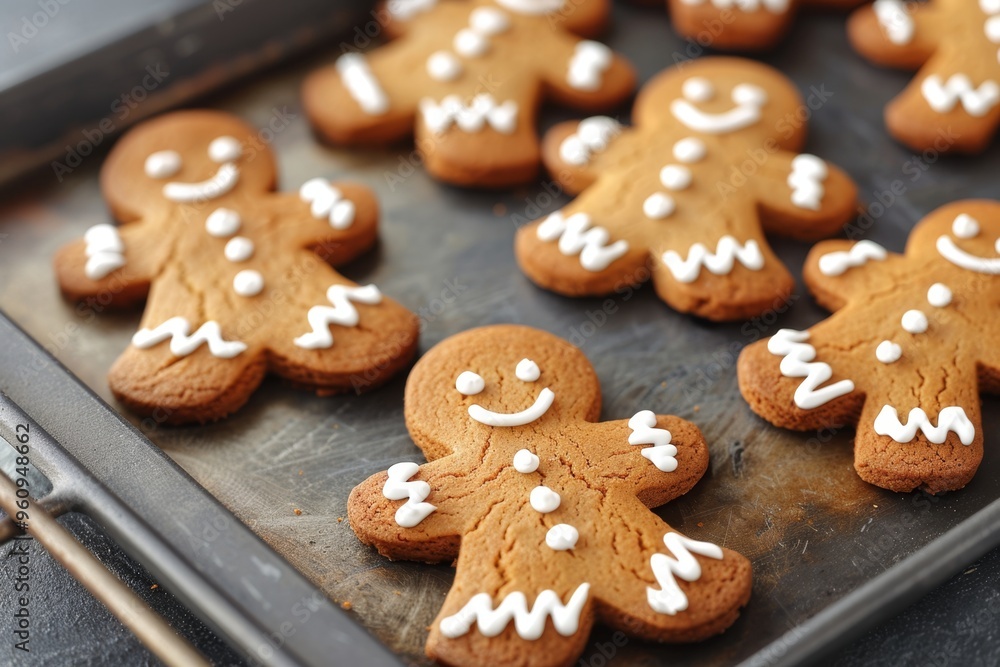 gingerbread cookies decorated with icing, surrounded by cinnamon sticks and spices on a dark background. gingerbread cookies decorated with icing, surrounded by cinnamon sticks and spices on a dark background.