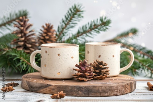 festive mugs of hot chocolate topped with whipped cream, surrounded by cinnamon sticks, candy canes, and decorated gingerbread cookies. A cozy holiday scene with a cup of spiced latte