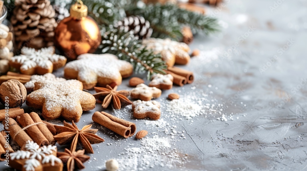 gingerbread cookies decorated with icing, surrounded by cinnamon sticks and spices on a dark background. gingerbread cookies decorated with icing, surrounded by cinnamon sticks and spices on a dark background.