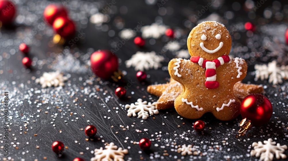 gingerbread cookies decorated with icing, surrounded by cinnamon sticks and spices on a dark background. gingerbread cookies decorated with icing, surrounded by cinnamon sticks and spices on a dark background.