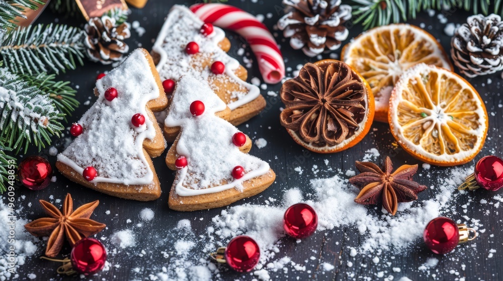 gingerbread cookies decorated with icing, surrounded by cinnamon sticks and spices on a dark background. gingerbread cookies decorated with icing, surrounded by cinnamon sticks and spices on a dark background.