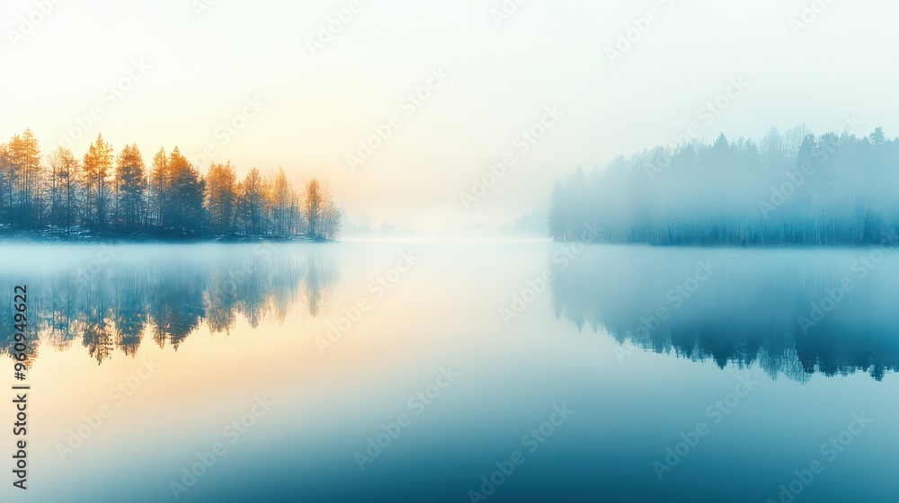 Fototapeta premium Misty Morning Reflections on a Tranquil Lake