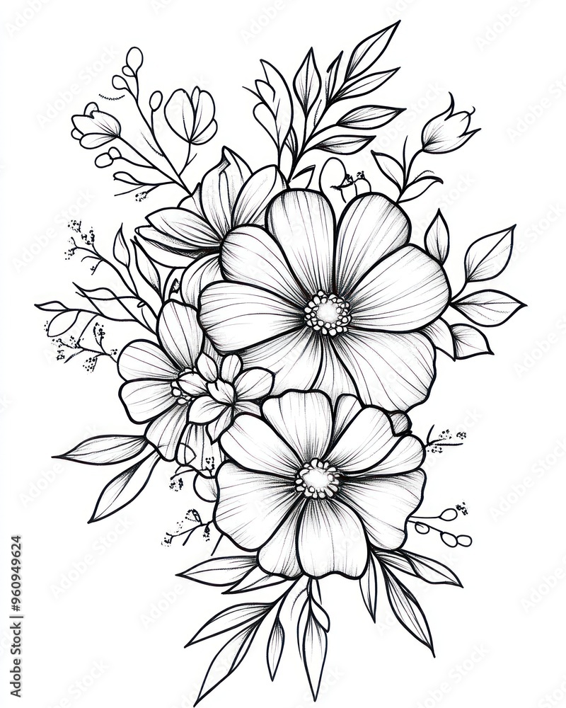 A black and white line drawing of a bouquet of flowers with leaves and stems. A black and white line drawing of a bouquet of flowers with leaves and stems.