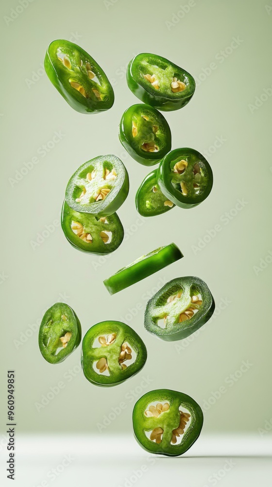 Sliced Green Jalapeños in Mid-Air. Sliced Green Jalapeños in Mid-Air.