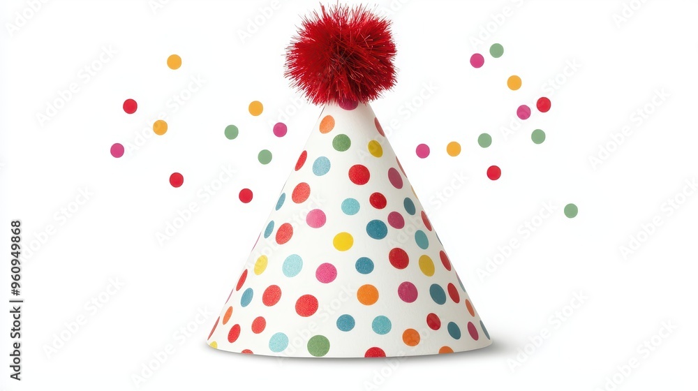 Colorful Party Hat with Confetti Isolated on White Background Colorful Party Hat with Confetti Isolated on White Background