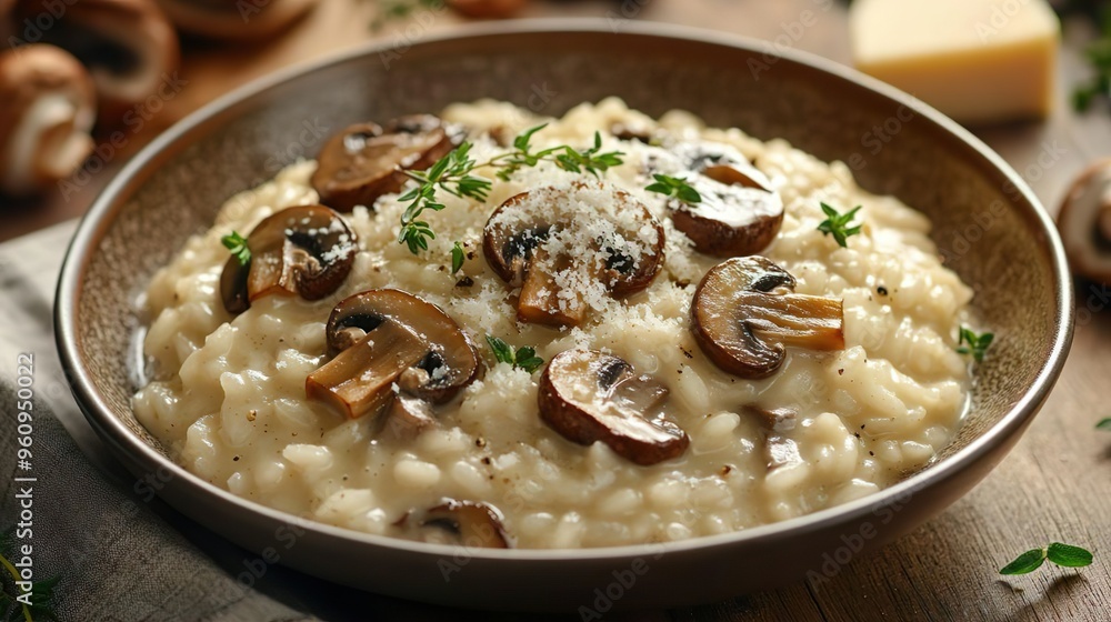 Delicious mushroom risotto served in a bowl with grated cheese topping Delicious mushroom risotto served in a bowl with grated cheese topping