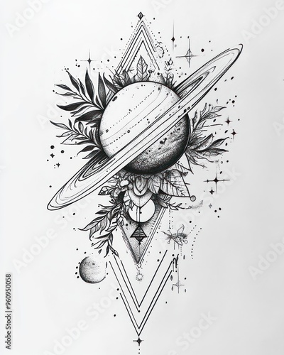 A hand-drawn illustration of Saturn with rings surrounded by geometric shapes, stars, and floral elements in black and white.