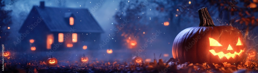 A spooky Halloween scene featuring a glowing pumpkin, eerie house, and foggy atmosphere, perfect for festive storytelling. A spooky Halloween scene featuring a glowing pumpkin, eerie house, and foggy atmosphere, perfect for festive storytelling.