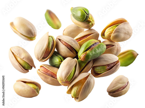 Falling pistachio nuts isolated on a white background. photo