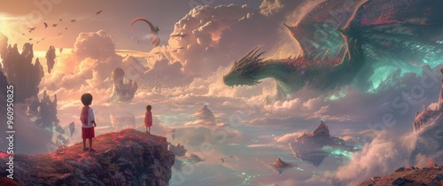 A child stands on a cliff's edge, gazing at a majestic dragon soaring in the sky. 🏞️🐉 A magical scene blending innocence with mythical wonder. photo