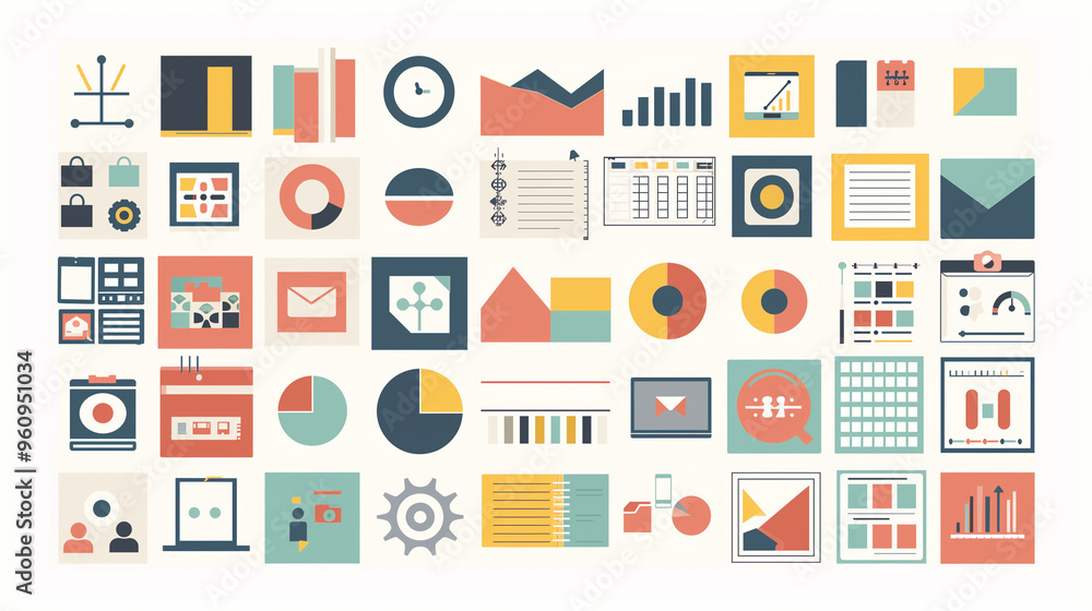 Minimalist design resource kit with various icons, fonts, and color palettes on a white background, ideal for creative professionals Minimalist design resource kit with various icons, fonts, and color palettes on a white background, ideal for creative professionals